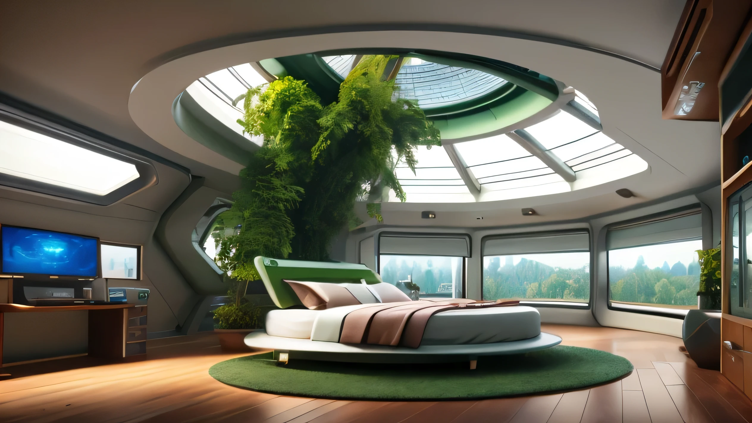 Futuristic sci-fi room decor,Chamfering everywhere,bed、White wall,White device,Electronic navigation screen,The roof is a semicircular dome screen,,,,Warm Green,Lake Green Glass Floor,White plastic,,Creative Concept:1.1, Communication network:1.2, Sci-Fi Platform:1.1, 3D 8K Rendering, 8K Artistic Rendering, Mix brightness:0.9, Mixing colors:0.9)" 3D concept rendering, 3D concept rendering, Futuristic Architecture Concept, 3D CGI Rendering