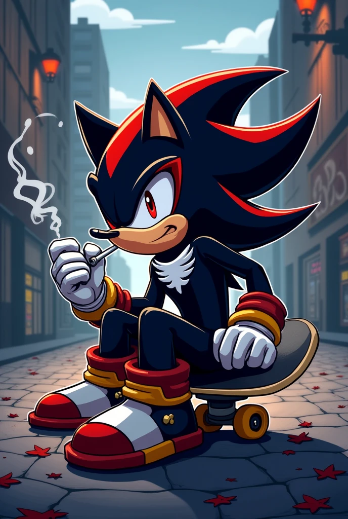Make a wallpaper of the character Shadow the hedgehog wearing cargo pants, sitting on a skateboard, smoking a cigarette, Playstation 1 version