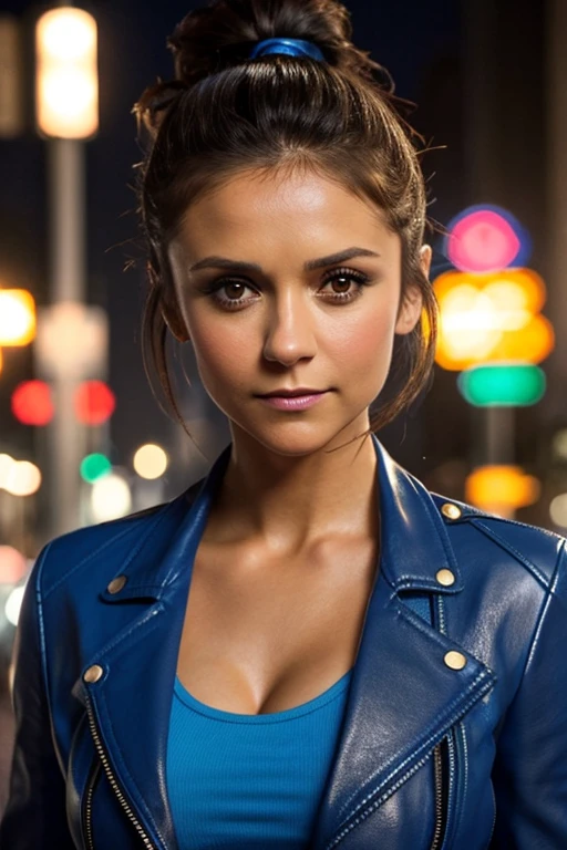 best quality, realistic, front pov, Nina Dobrev in a los angeles city street, (a female mexican supermodel), (sexy blue leather jacket:1.1), cleavage, seductive smile, (dark hair), (updo hair:1.0), perfect eyes, sharp details, detailed face, face makeup, cheeks blush, eyeliner, eyeshadows, lip gloss, supermodel, (deep focus), (hard lighting), (night time), (realistic lighting:1.0)