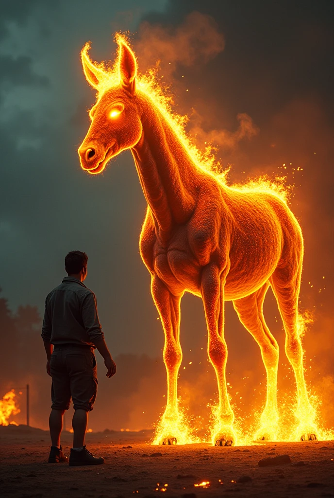 Description: "A terrifying figure, The headless mule, but with a flaming head and bright eyes, appears in the path of João. The creature has its body covered in flames and paws that raise sparks when they touch the ground. João is standing in front of the Mule, With an expression of terror, while the surrounding scenery is illuminated by flames, revealing the fear on the man's face and the menacing presence of the creature."