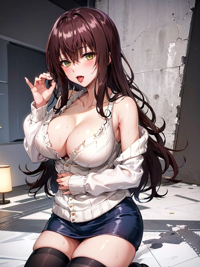 ((Highest quality)), ((masterpiece)), (detailed), One person,Age 25,(White knitted sweater),(mini skirt),Shoulder Bare,Big Breasts,blush,Underbust,(Her cleavage is visible),(Excited expression),(Seduce),night,indoor,ruins,nightのruins,Dim lighting,(In a dimly lit room),(In a messy room),Browsing Caution,sexy,dirty,Sweat,(Black knee-high socks),