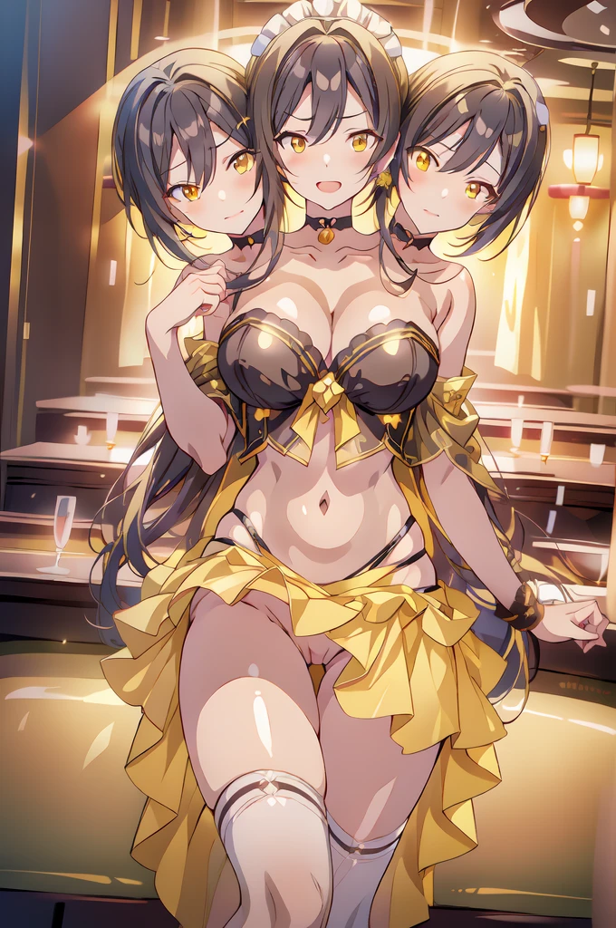 sakuyashirase, sakuya shirase, (3heads:1.5), very huge breasts, black hair, hair between eyes, long hair,  (yellow eyes:1.5),
long hair, blush, lipstick, Hot girl, baddie, staring, glaring, bad attitude, mean girl, dare, angry, hate, crazy, smoking, sensual, attractive, jewelry, earrings, complex detailed background, casino environment, fancy interior environment, rich
interior, masterpiece, best quality, highly detailed, a anime girl in maid uniforms, holding pistol, maid
outfit, cleavage, evil smile, smile, open mouth ,ecchi anime style, anime girls, ecchi style, ecchi, digital
anime art!!, in anime style, official artwork, (nsfw) not safe for work, beautiful anime maid girl, anime
style 4 k, micro skirt, exposed belly, exposed navel, exposed midriff, exposed lower belly, holding a gun