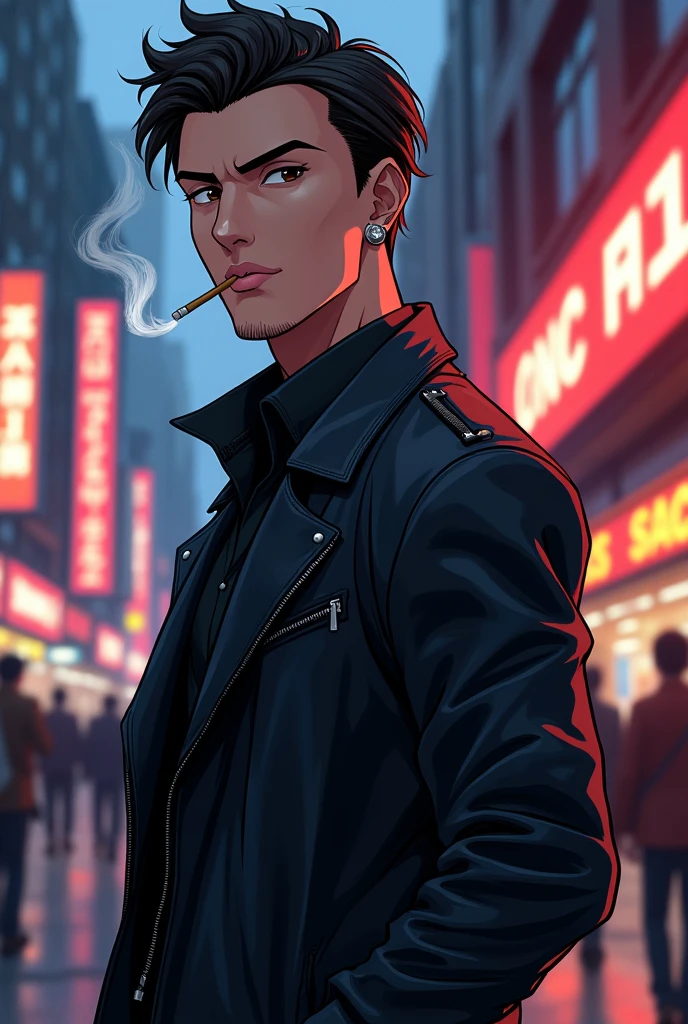 A handsome man with thin facial features, with brown eyes, one steel earring in left ear
side shot, on the street, with a cigarette in his mouth, wearing a leather coat in anime