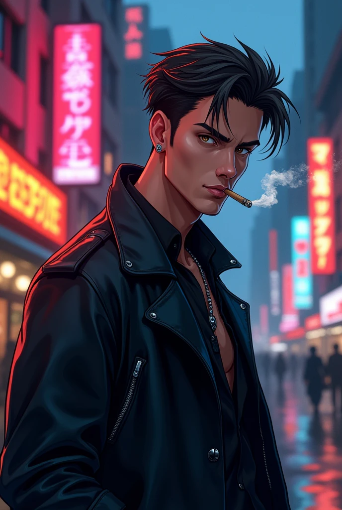 A handsome man with thin facial features, with brown eyes, one steel earring in left ear
 side shot, on the street, with a cigarette in his mouth, wearing a leather coat in anime 
