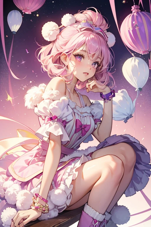 Pommie has a light tan complexion with lilac and pale pink eyes and pink blushed cheeks. Her eye-shadow and lips are pale pink. She has soft, puffy lilac hair with her bangs swept to the right and thick, curled forelocks. She wears a pink headband with a ribbon hanging from the side and three pom-pom coming in chartreuse, pink, and lavender. She wears a lilac top with a lavender frilly short-sleeve bolero held by a chartreuse ribbon adorned by a pink pom-pom. Her hot pink pleat skirt has a white pattern and images of pom-pom drawn on it, and she wears a chartreuse pom-pom bracelet, along with high pink boots with a pale pink sole and chain of chartreuse bottom around the top and hanging down the middle. SPARKLE; GLITTER