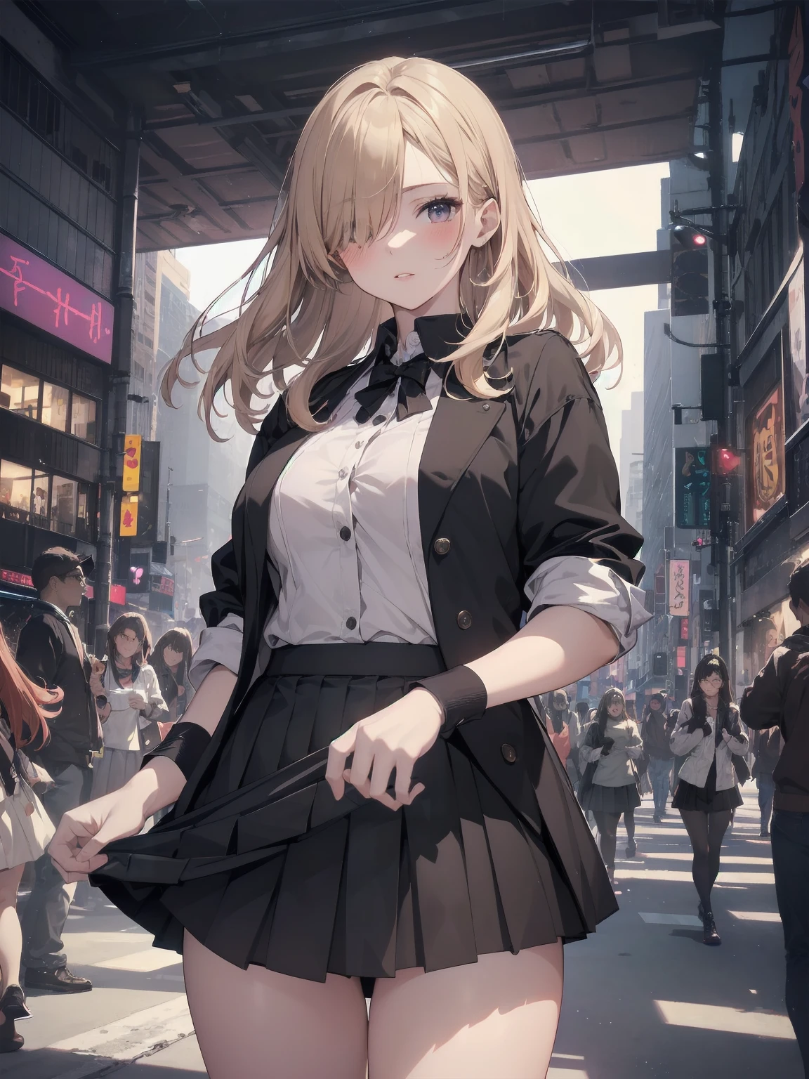 Highly detailed CG Unity 8k wallpaper, best quality, highly detailed, masterpiece, Highly detailed cute girl, 18 years old, (((lifting skirt by herself))), (lifting by herself), dynamic angles, sexy pose, blush, lips apart, looking at the audience , half body shot, (crowd), (crowded big city)), hair over one eye, immaculate beauty, upscale, less revealing clothing