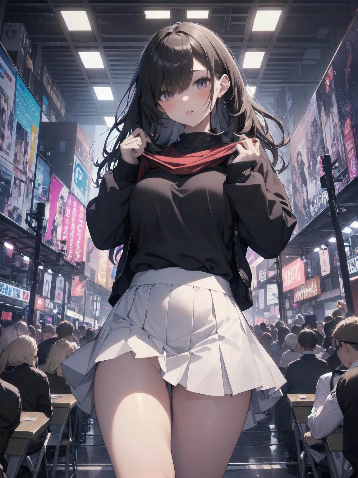 Highly detailed CG Unity 8k wallpaper, best quality, highly detailed, masterpiece, Highly detailed cute girl, 18 years old, (((lifting skirt by herself))), (lifting by herself), dynamic angles, sexy pose, blush, lips apart, looking at the audience , half body shot, (crowd), (crowded big city)), hair over one eye, immaculate beauty, upscale, less revealing clothing