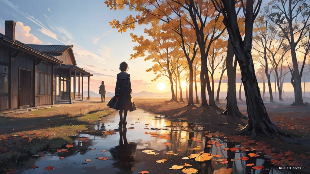 An outdoor scene under a twilight sky. A desolate path, surrounded by bare trees and fallen leaves, reflects the end of a stage. on the floor, fragments of an old and broken photo, that once showed a happy moment, scattered among the leaves. In the distance, a solitary figure walks slowly, with a posture that reflects sadness and reflection. The golden light of the sunset blends with the growing shadows, creating a contrast between the pain of the past and the hope of a new beginning. The atmosphere is melancholic but also opens a door to healing and hope.