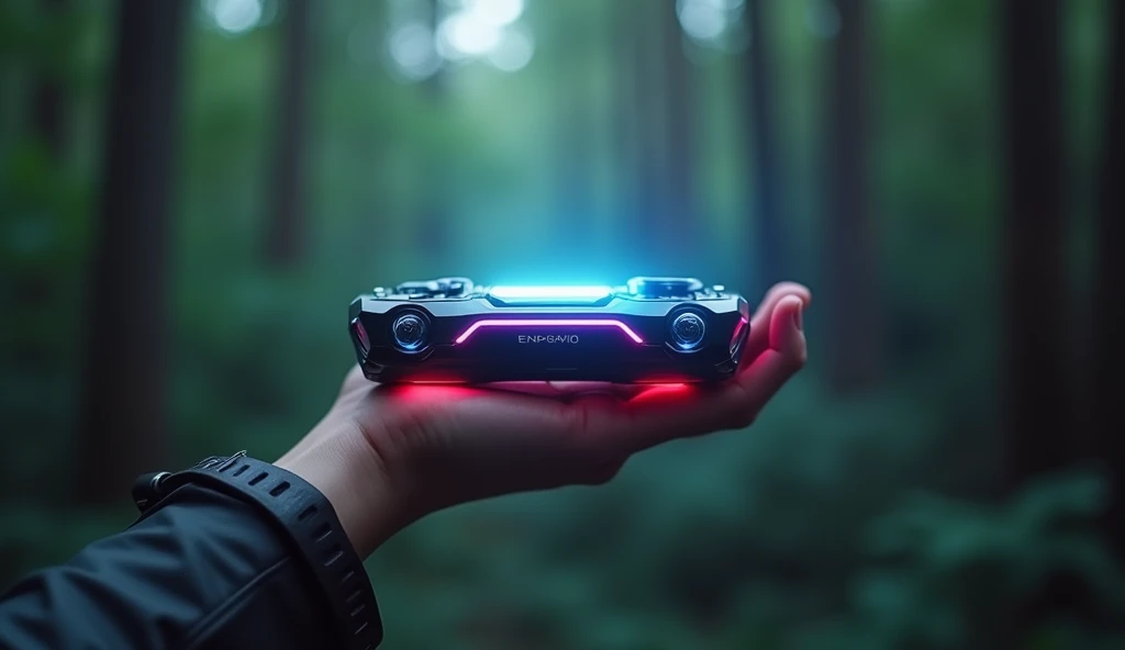 futuristic electronic object with lights
,Holding with one hand, ,blurry forest background