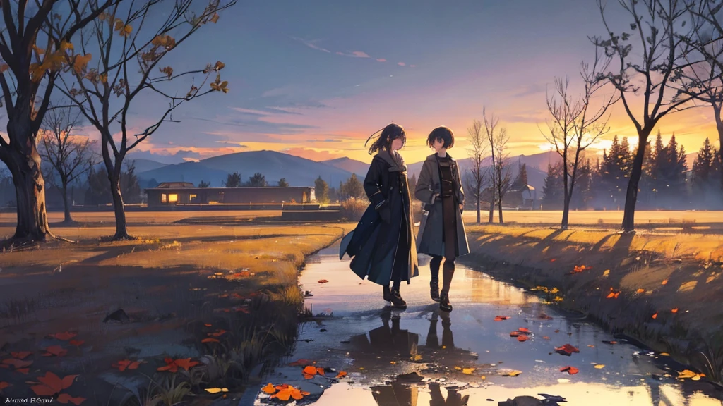 An outdoor scene under a twilight sky. A desolate path, surrounded by bare trees and fallen leaves, reflects the end of a stage. on the floor, fragments of an old and broken photo, that once showed a happy moment, scattered among the leaves. In the distance, a solitary figure walks slowly, with a posture that reflects sadness and reflection. The golden light of the sunset blends with the growing shadows, creating a contrast between the pain of the past and the hope of a new beginning. The atmosphere is melancholic but also opens a door to healing and hope.
