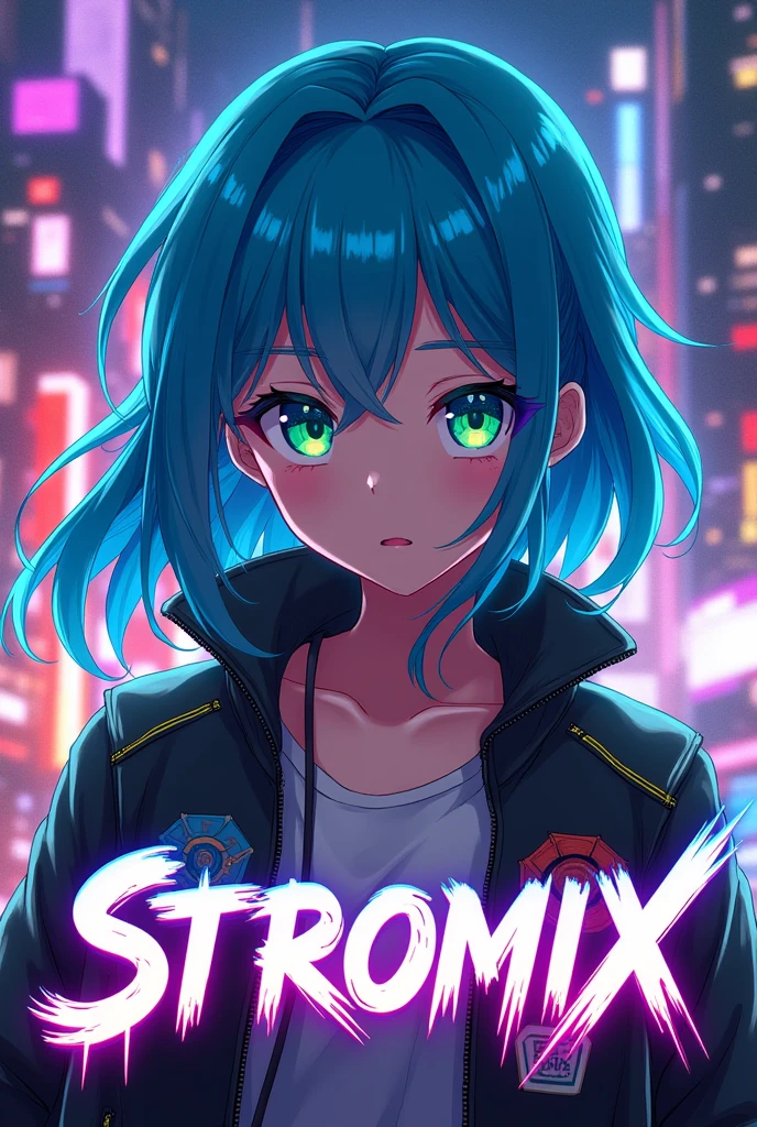 One anime characters which have half body and have written STROMIX at button for profile picture