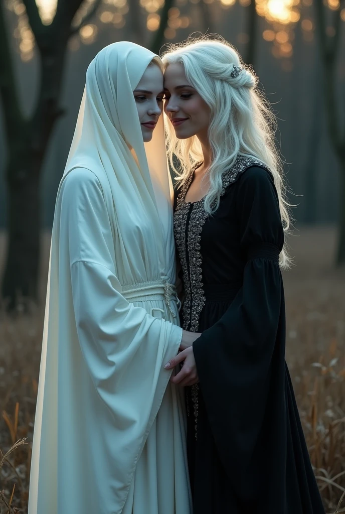 Create a woman with pale white skin, wearing a white robe that covers her entire body and head, with a round face and a height of 1.56, and on the wing make a woman with a height of 1.68 cm ,with unkempt white hair wearing black medieval-style clothing , make her happy