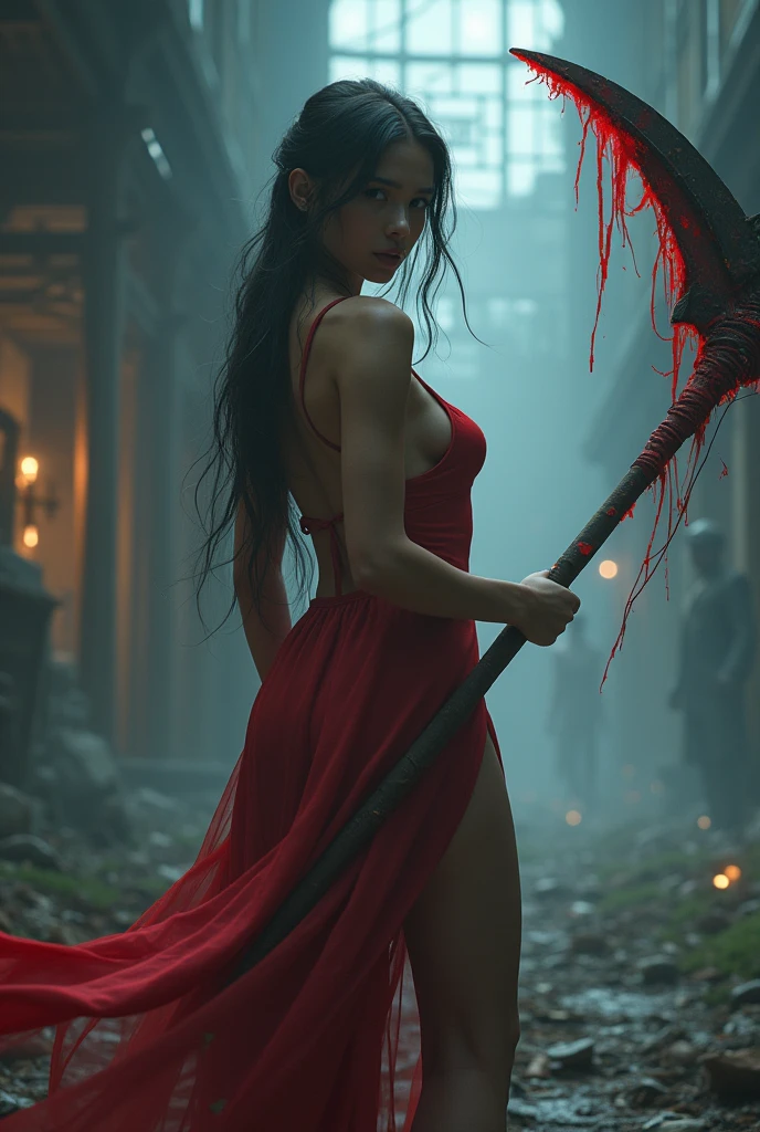 ((masterpiece, highest quality, Highest image quality, High resolution, photorealistic, Raw photo, 8K)), ((Extremely detailed CG unified 8k wallpaper)), (huge stunning goddess shot, very hot and sexy, jaw-dropping beauty, perfect proportions, beautiful body, slim body beauty:1.4), A girl wielding a huge scythe, movie poster, large "INFINITY" written at bottom of screen,