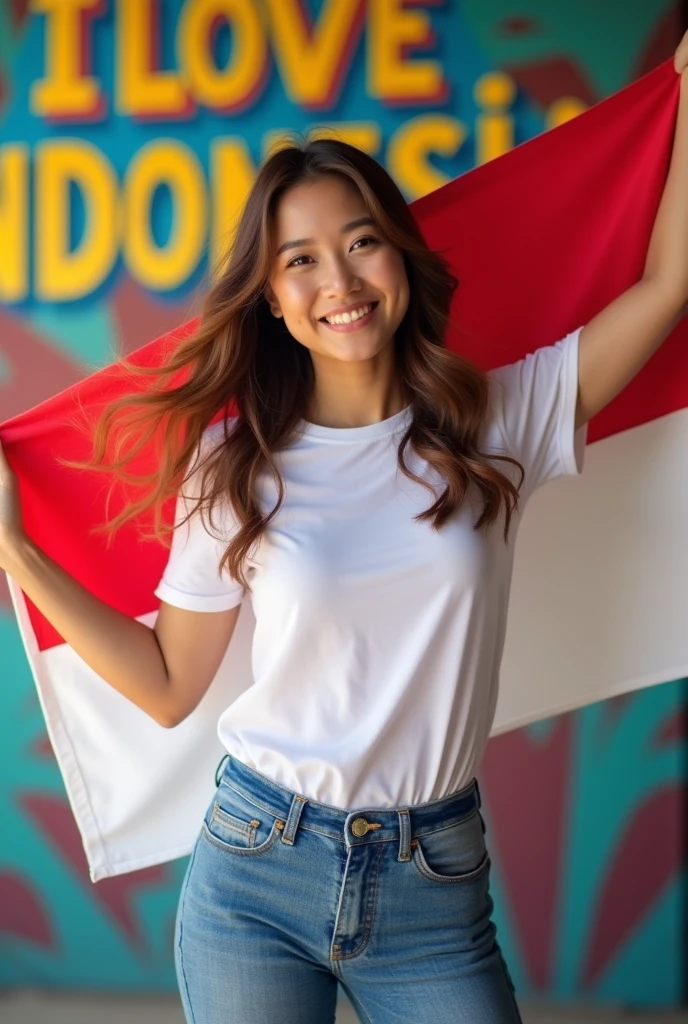 Beautiful asian women with brown hair, white tsirt and long pants blue jeans,holding a white and red flag, and wall in the back with text "I Love INDONESIA " and showing it to the viewer