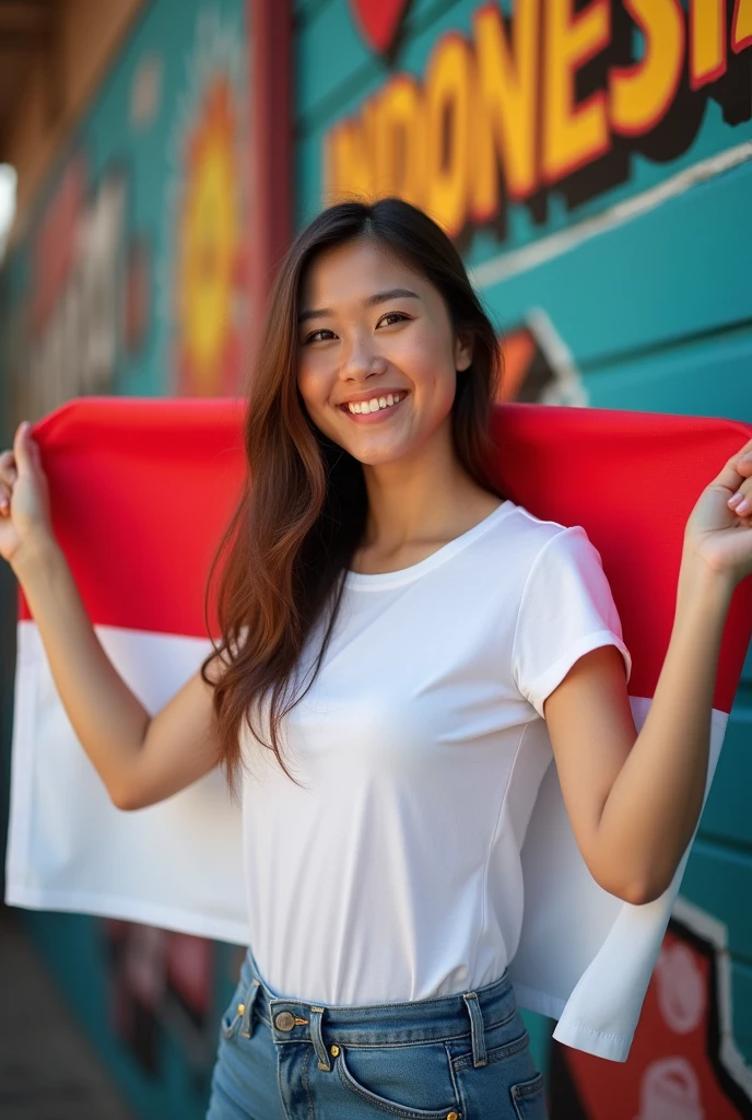 Beautiful asian women with brown hair, white tsirt and long pants blue jeans,holding a white and red flag, and wall in the back with text "I Love INDONESIA " and showing it to the viewer