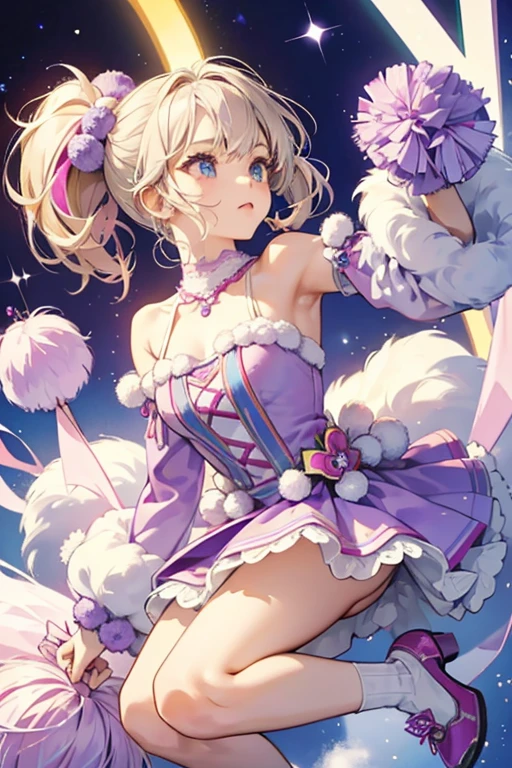Pommie's eyes are solid lilac and her hair is mostly lilac and pulled back, held by a row of violet pom-pom and ribbons. Her pointed bangs are light blonde. She wears a chartreuse top with a single sleeve and a pom-pom on the right corner, and a pink pom-pom skirt with two separated lilac pom-pom to match her bracelet. Her shoes are chartreuse with a pom-pom on the toe. SPARKLE; GLITTER
