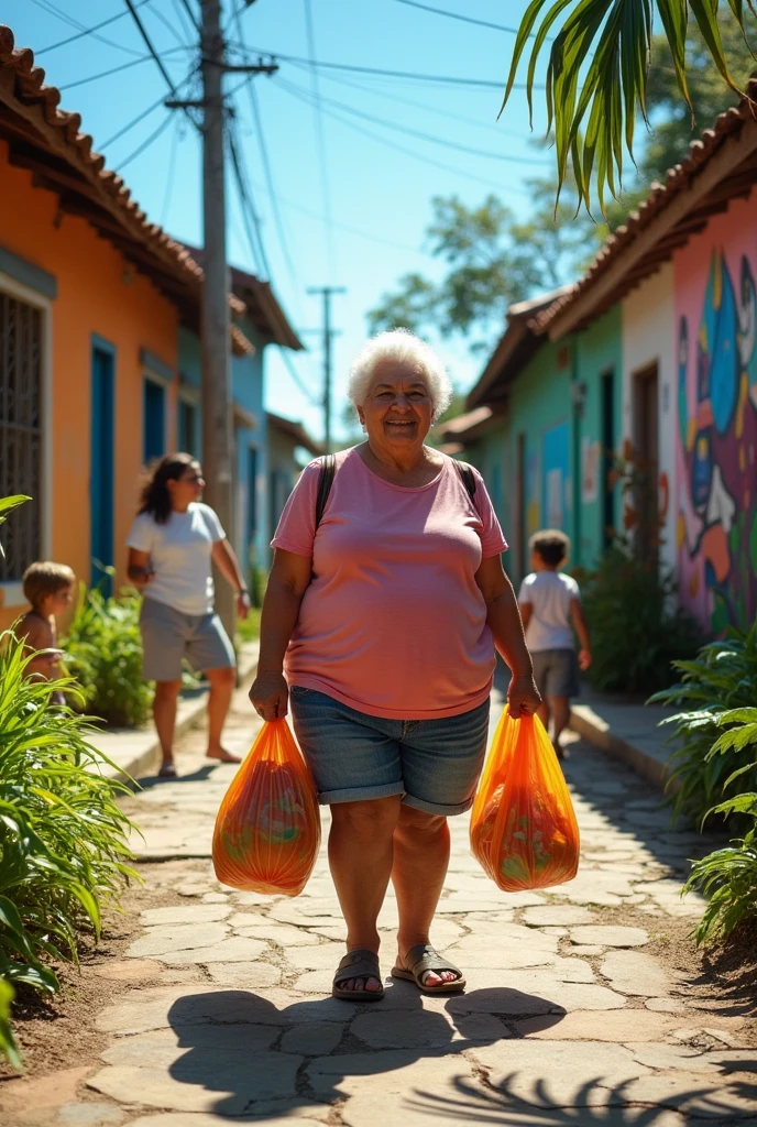 ((best qualityer)), ((detailded), I want a picture of a mother of a family, she is 60 years old, short and chubby, with a body full of curves, a natural body. She is on a favela street with bags in her hand, she is