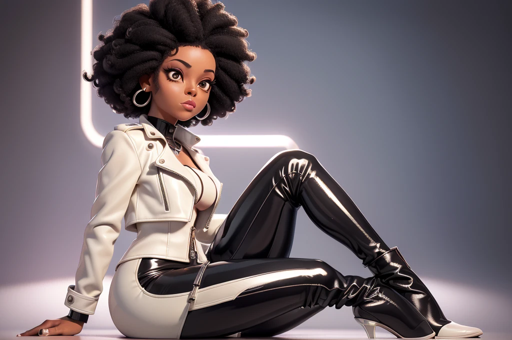 obra prima, melhor qualidade, ((only one woman,)) ((diana ross, dark black skin, short afro style hair,)) erect cone tits, ((wearing shiny cream leather biker moto jacket,)) ((jacket has padded shoulders, jacket has stiff high collar,)) (((wearing shiny cream leather pants,))) (((pants unzipped showing pussy,))) body is very skinny, ((sitting back, legs spread,)) ((camera front view of body,)) shallow depth of field, highres, HD, 8k, anatomically correct