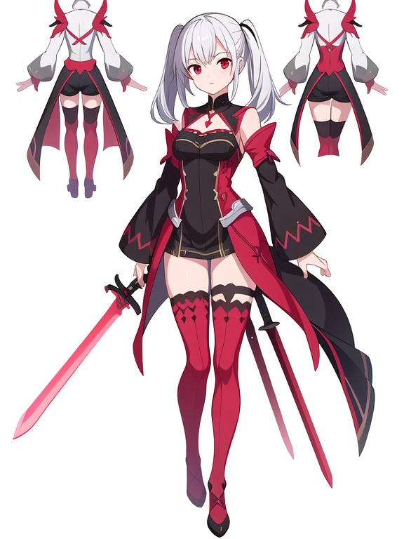 (((Best Quality))) , ((full body)), female, reference sheet, solo, (white background), thigh high, silver hair, dark red outfit, fantasy outfit, sword,