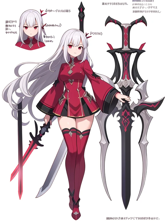 (((Best Quality))) , ((full body)), female, reference sheet, solo, (white background), thigh high, silver hair, dark red outfit, fantasy outfit, sword,