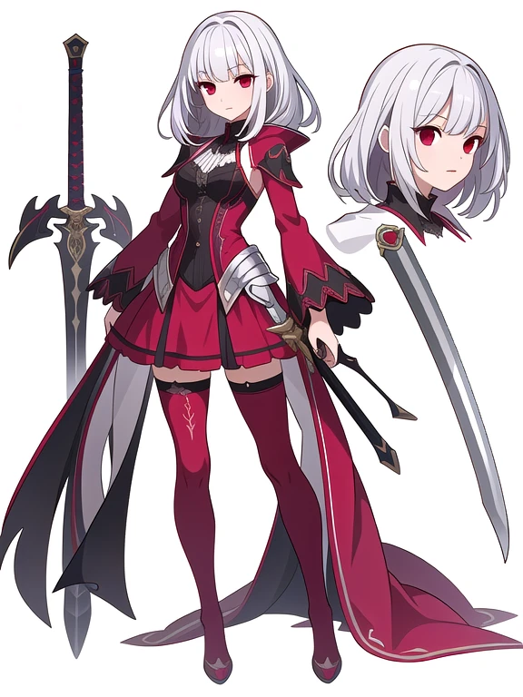 (((Best Quality))) , ((full body)), female, reference sheet, solo, (white background), thigh high, silver hair, dark red outfit, fantasy outfit, sword,