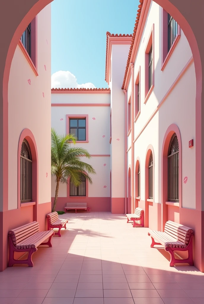 (photorealism:1.2)  Empty in a pink girls' school inside yard, pink and white classic or modern school building with pink benches, clean in good shape, the sign "Colegio Coquetas" and the signs of many kisses 💋 on the walls, not childish drawings on the walls, realistic, intricate details

