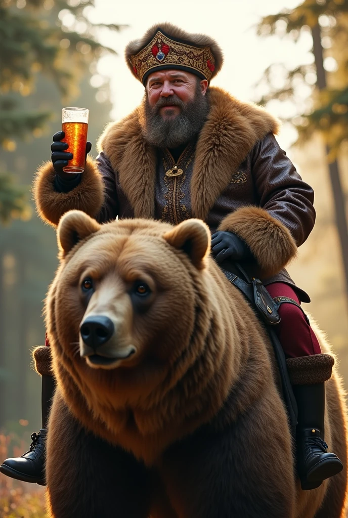 Fat Russian riding a bear drinking vodka with an ultra realistic hat