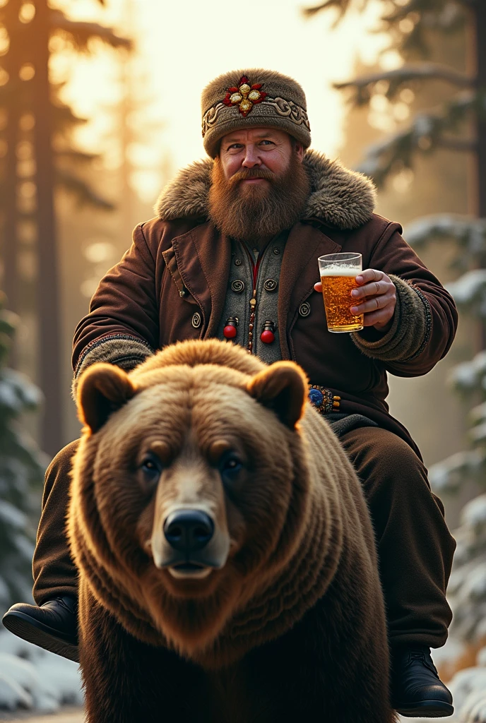 Fat Russian riding a bear drinking vodka with an ultra realistic hat