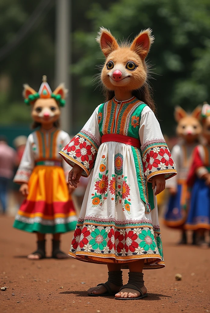 A traditional dress of the June festival quadrilhas, well-worn with several layers of ruffles made of voile, With drawings of rock paintings and the culture of Piauí, the members can transform into animals present in the paintings, like ocelots, capybaras or birds, with masks and clothes that imitate the shape and colors of animals.