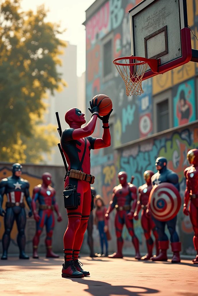 Wade Wilson shooting a goal (in basketball), wearing the Deadpool costume, while other Marvel characters watch him