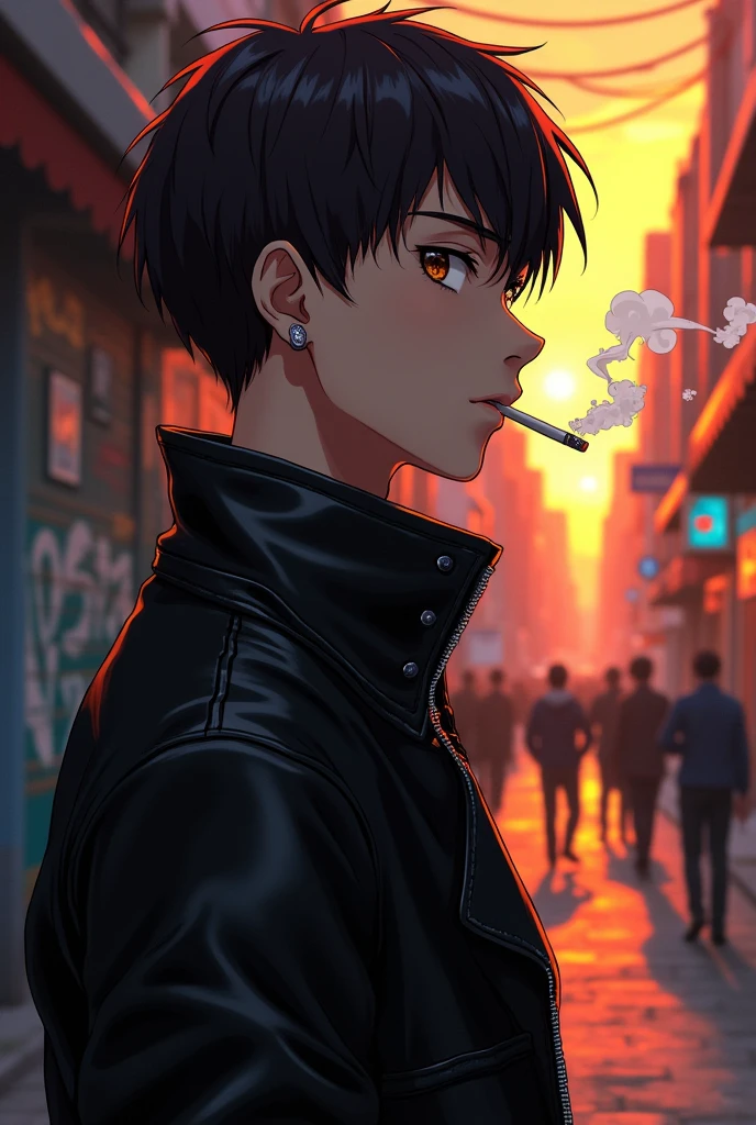 A handsome boy with thin facial features, with brown eyes, one steel earring in left ear
side shot, on the street, with a cigarette in his mouth, wearing a leather coat in anime