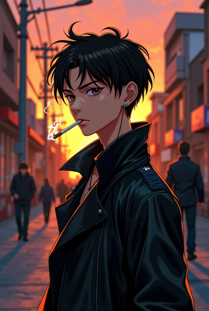 A handsome boy with thin facial features, with brown eyes, one steel earring in left ear
side shot, on the street, with a cigarette in his mouth, wearing a leather coat in anime