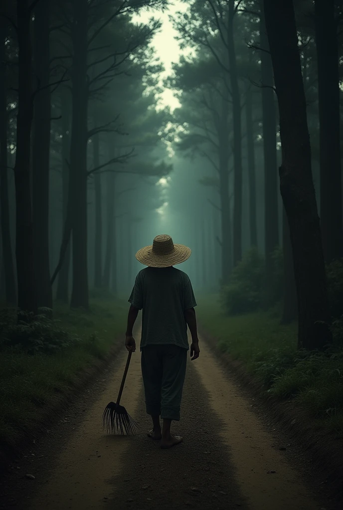 Description: "A dirt road in the middle of the woods, surrounded by a deep and mysterious darkness. En el centro de la imagen, My friend João, a simple and tired man, wearing a straw hat and the clothes of a rural worker, walks alone, holding a hoe. The atmosphere around him is tense, with tall, shadowy trees that seem to watch João as he walks."