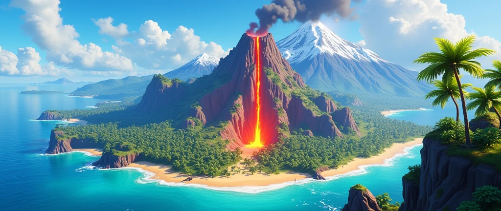 create a fortnite type map with a volcano, coast and mountains