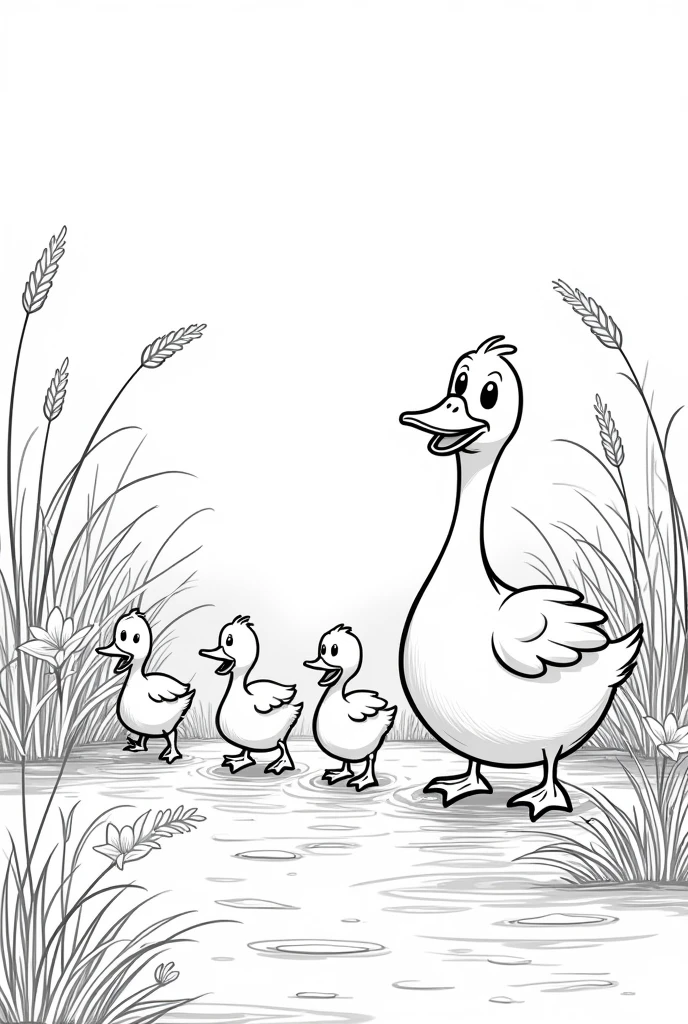 A black and white drawing of happy ducklings with their family in their very detailed natural habitat., as if they were cartoon characters