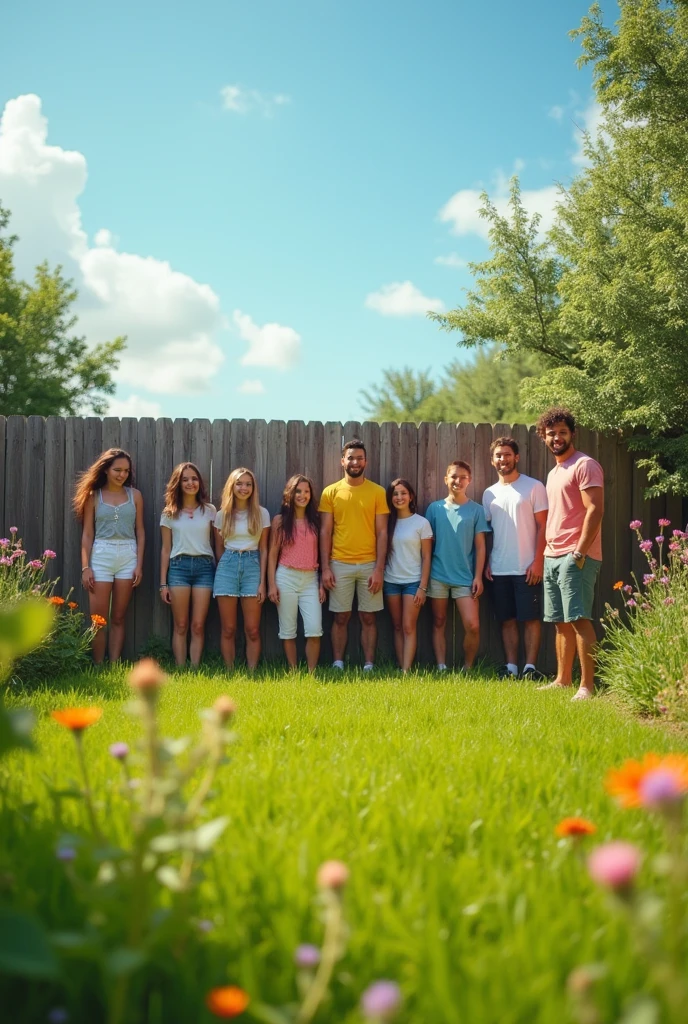 Creates the image of a huge grass yard divided by a fence, On one side it creates four beautiful and slim girls dressed normally and on the other side seven handsome and muscular boys dressed casually.