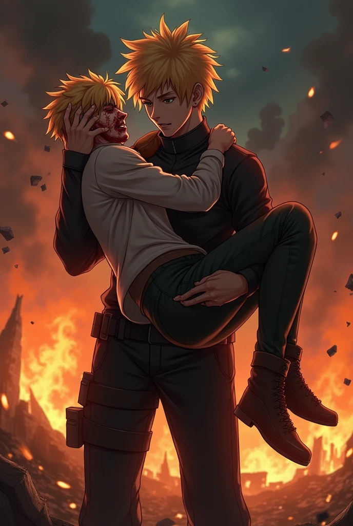 Todoroki Shouto holding Bakugo Katsuki, covered in blood, in his arms
