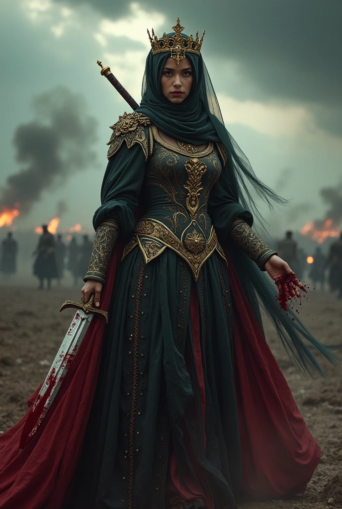 Hijab Queen, weapon knife, blood splashing, blood splashed,  