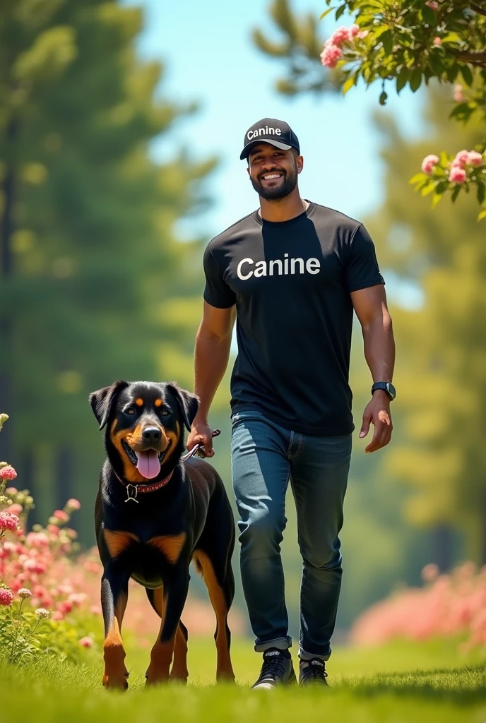 Detailed depiction of a man walking a Rottweiler。Detailed depiction of nature。All live-action。The man in the photo is wearing a T-shirt that says Canine and a cap that says Canine.。Poster for a high-end brand。Expressing luxury and hope。High-brand poster、Insert "May all dogs be happy" text on the top of the photo with a luxurious feel.、chic、high quality