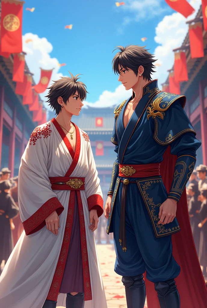 Hinata Shoyo in white and red clothes and Kageyama Tobio in blue and black clothes as medieval princes