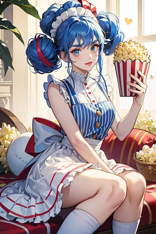 Popette's eyes, skin, and eyebrows, and hair color are the same. But she wears red lipstick and pink eye-shadow. Her hair is worn in frizzy, large buns and her bangs are split down the middle at chin length with a big curl, and her hair is partially dyed blue. She wears a red headband with popcorn and a red and white striped hat with a blue ribbon and popcorn stacked on it. Her outfit is composed of a white sleeveless top with red lining and gold buttons, with a matching apron hanging down the front of her scalloped blue and red striped skirt. A layer of pale yellow sticks out from the bottom and she has pale yellow popcorn sleeves beneath her shoulder. She wears popcorn shoes with a blue platform sole, and white tights. SPARKLE; GLITTER
