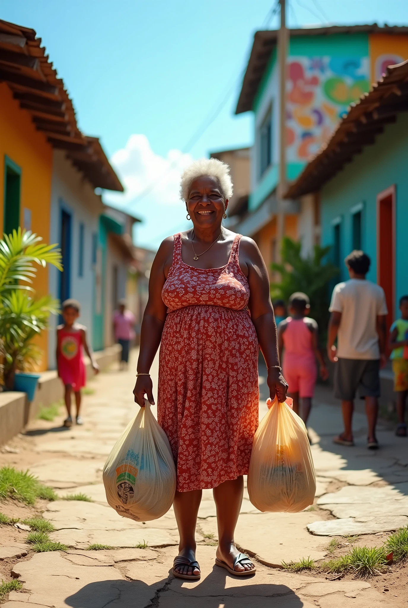((best qualityer)), ((detailded), I want a picture of a mother of a family, she is 60 years old, short and chubby, with a body full of curves, a natural body. She is on a favela street with bags in her hand, she is 