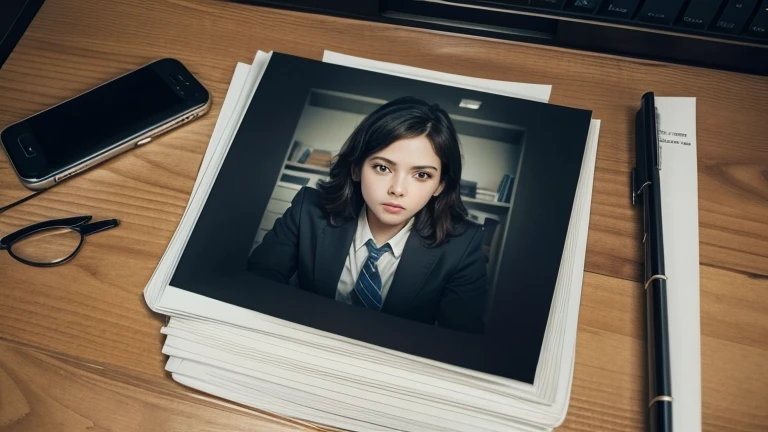 View from above.
A files folder with a big photo attached on its cover with a paper clip in a detective desk.
