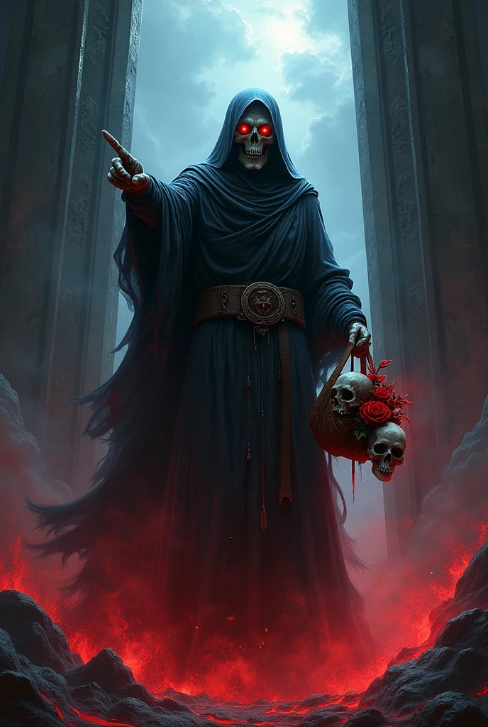 I would like the angel of death Azrael, with a skull face, coming out of hell with the gates open, one with souls, holding in one hand a bag with 3 skulls, one with a knife in her head, another biting a rose, and in the other hand pointing forward