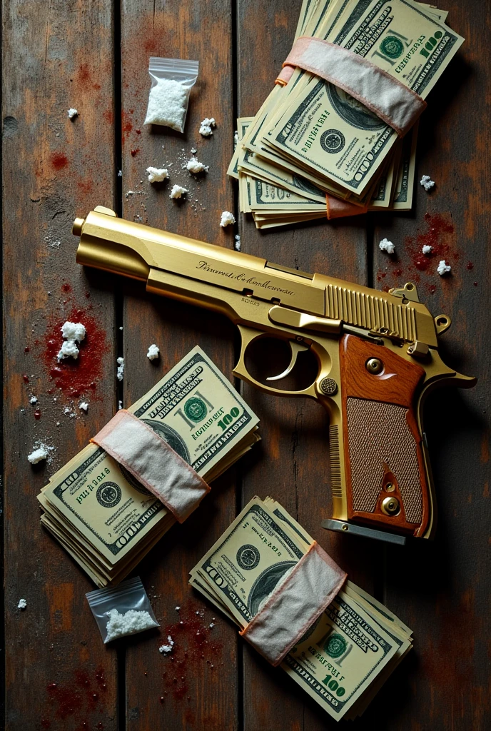Grunge table flat lay top view, with dollars (a few dents or tears), a golden desert eagle, several lines of cocaine, small ripped drug bags. Some blood splatter.