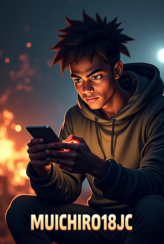 Create a mascot where it is a brown-skinned adult gamer guy playing with a phone that says MUICHIRO18JC below and a dark background with flames in the distance 