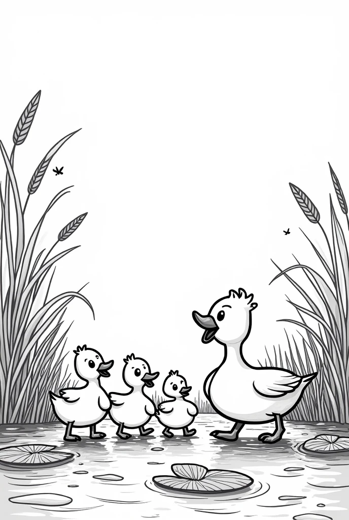 A black and white drawing of happy ducklings with their family in their very detailed natural habitat., as if they were cartoon characters