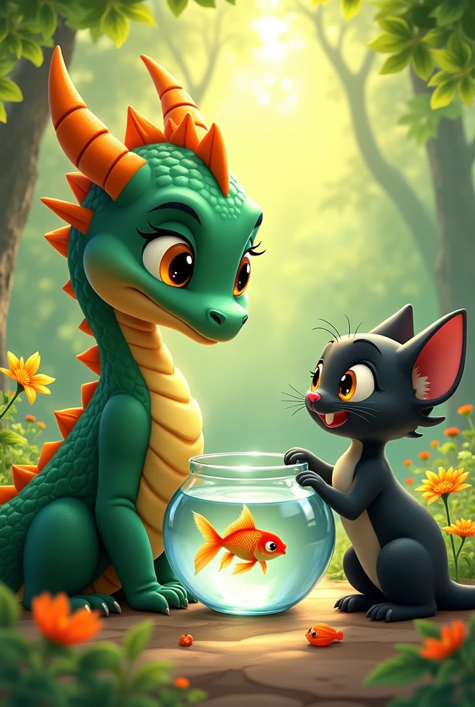 Interaction between a female dragon, a black cat and a female goldfish in old Disney style 2D.
