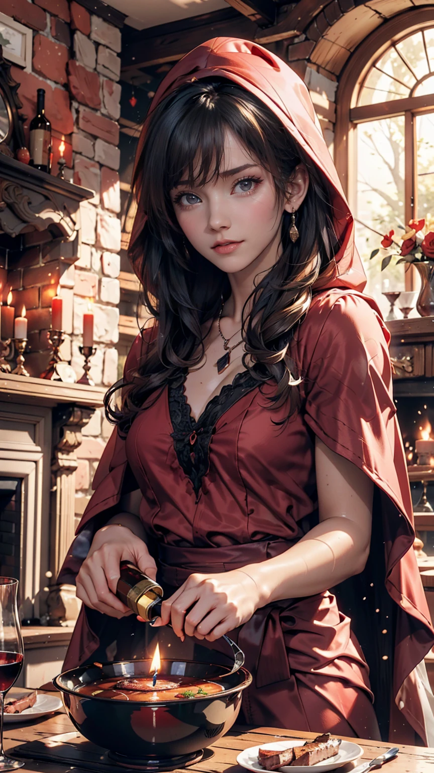 little red riding hood, fireplace, Dining table, Bloody steak, Candles, red wine