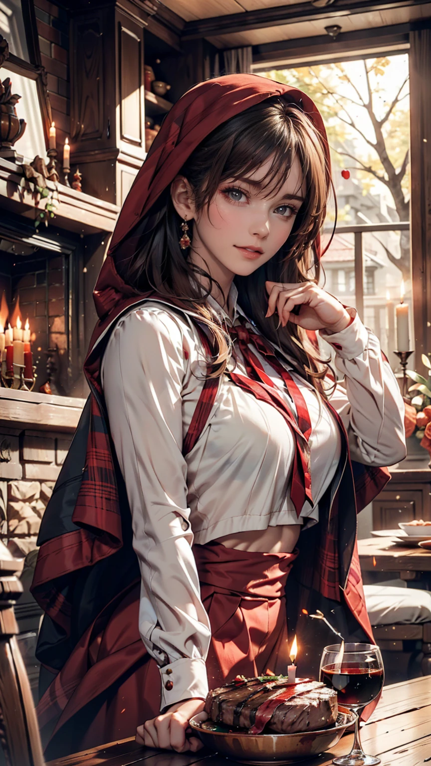 little red riding hood, fireplace, Dining table, Bloody steak, Candles, red wine